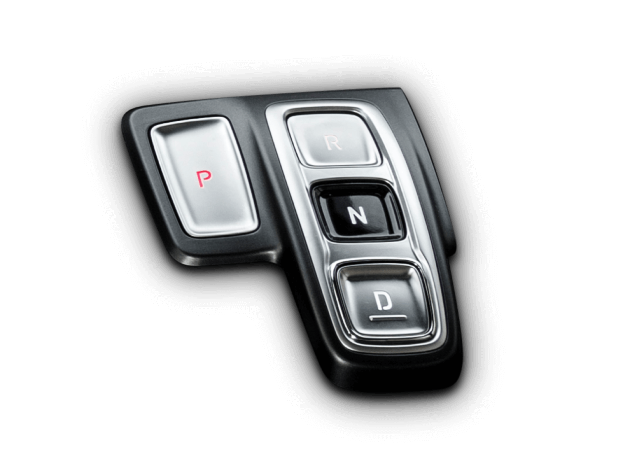 Pohled zblízka na tlačítka elektronického ovládání převodovky v interiéru nového SUV Hyundai Santa Fe Hybrid.