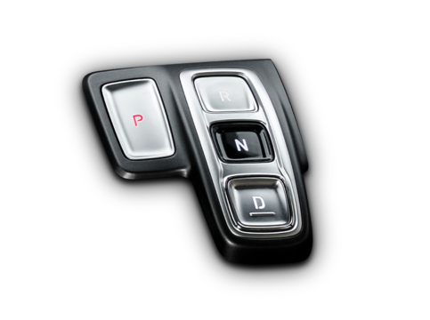 Tlačítka elektronického ovládání převodovky v interiéru nového sedmimístného SUV Hyundai Santa Fe Plug-in  Hybrid.