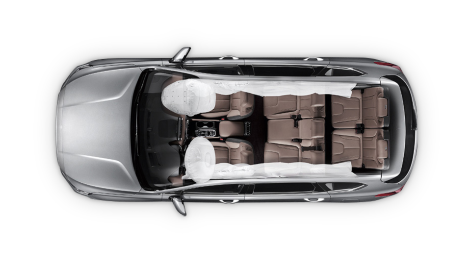 Rozmístění šesti airbagů v novém sedmimístném SUV Hyundai Santa Fe Plug-in Hybrid.
