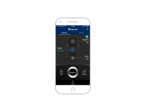 Snímek obrazovky aplikace Hyundai bluelink na smartphonu: odemknutí vozu.